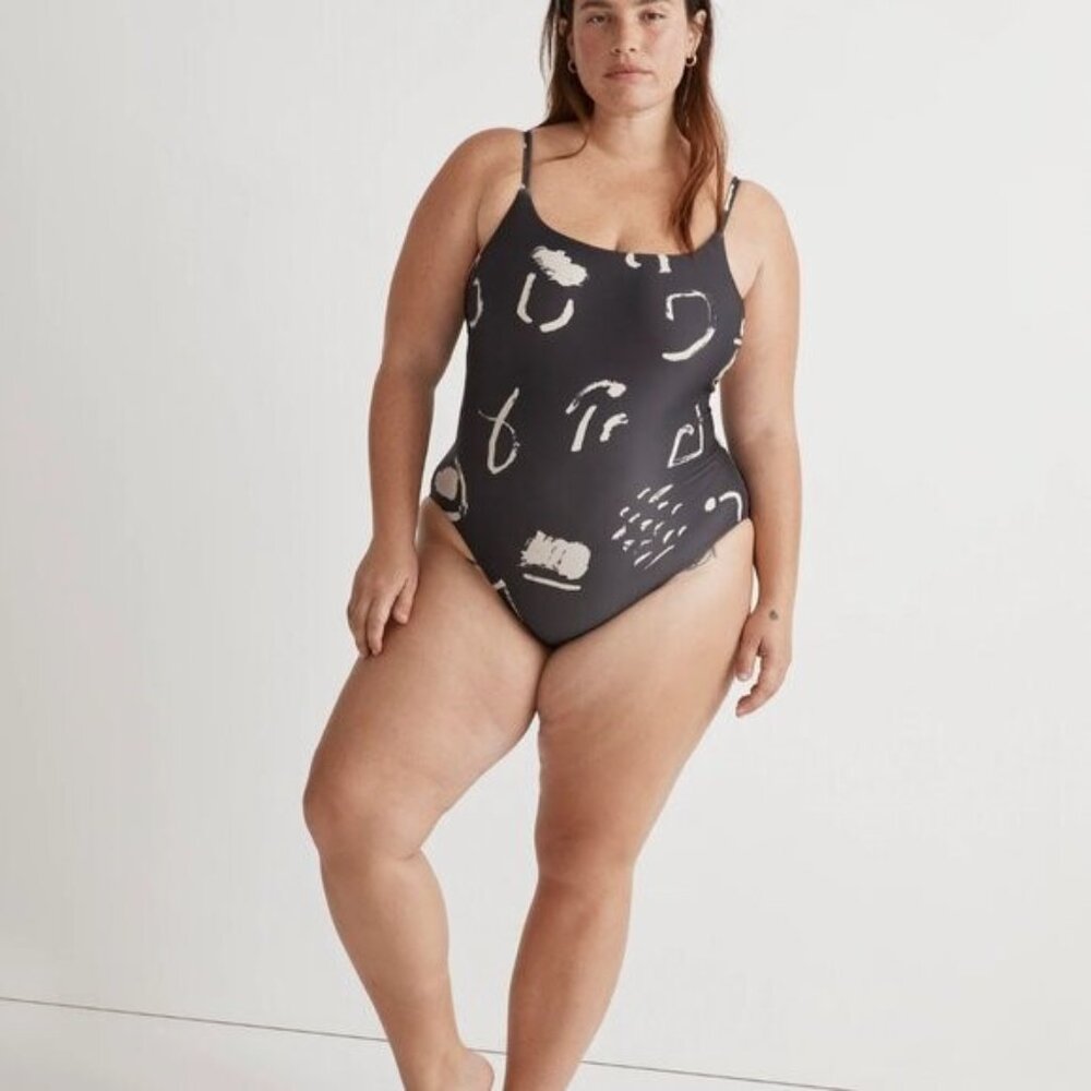 Black One-Piece Swimsuit with Ivory Abstract Print